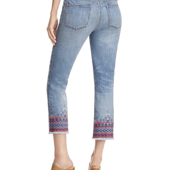 Tory Burch Myers Cropped Ankle Denim Jeans | Fray Hem | Embroidered | Size 28 - Picture 11 of 12